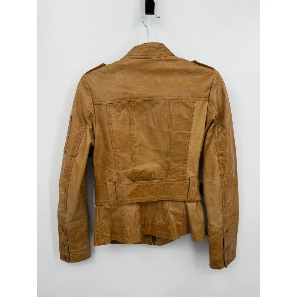 Ventiuno Belted Leather Moto Jacket Women S/M Tan Military Utility Zip Up